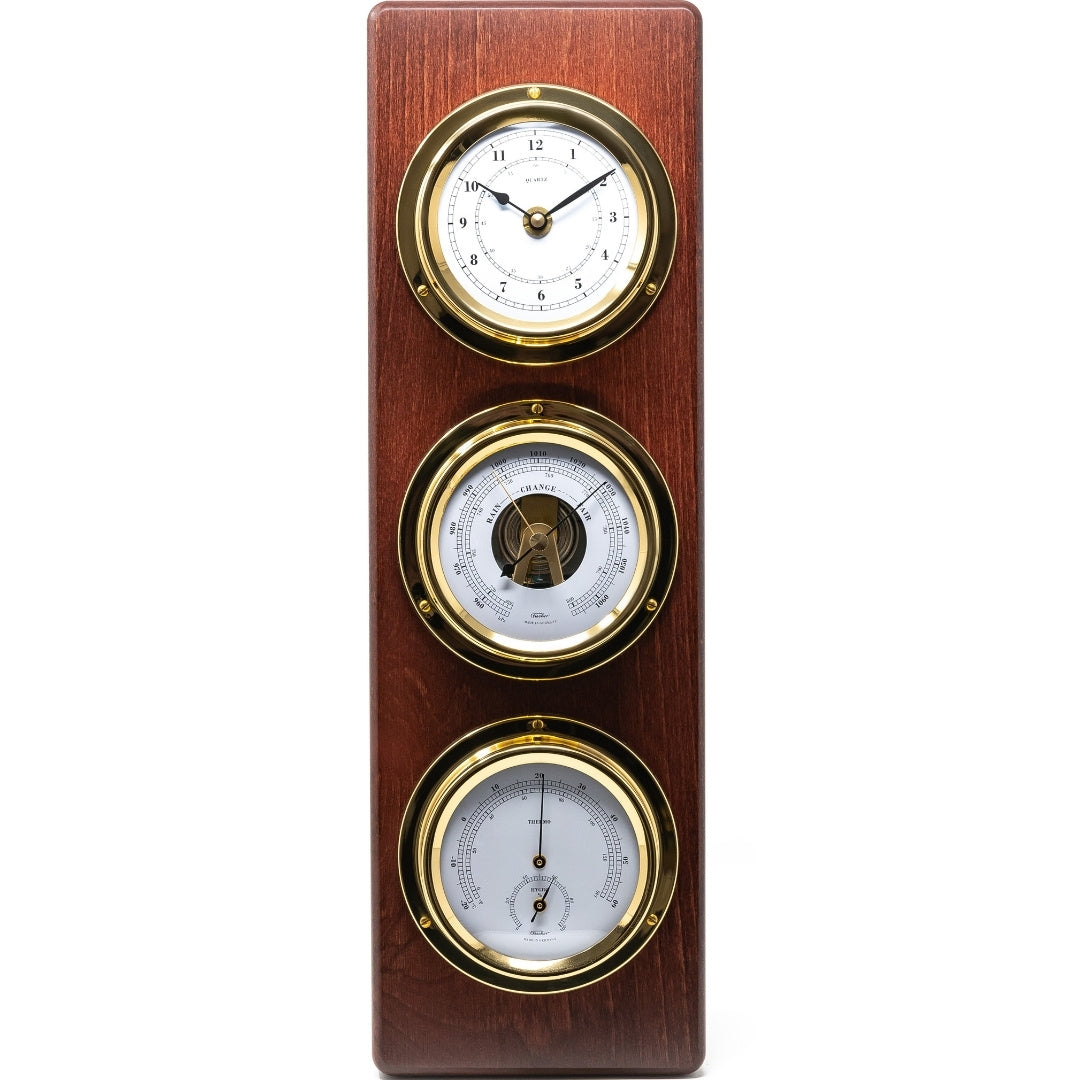 Stație meteo nautică exclusivă Fischer, cu gravură - mahon, alamă, 510 mm