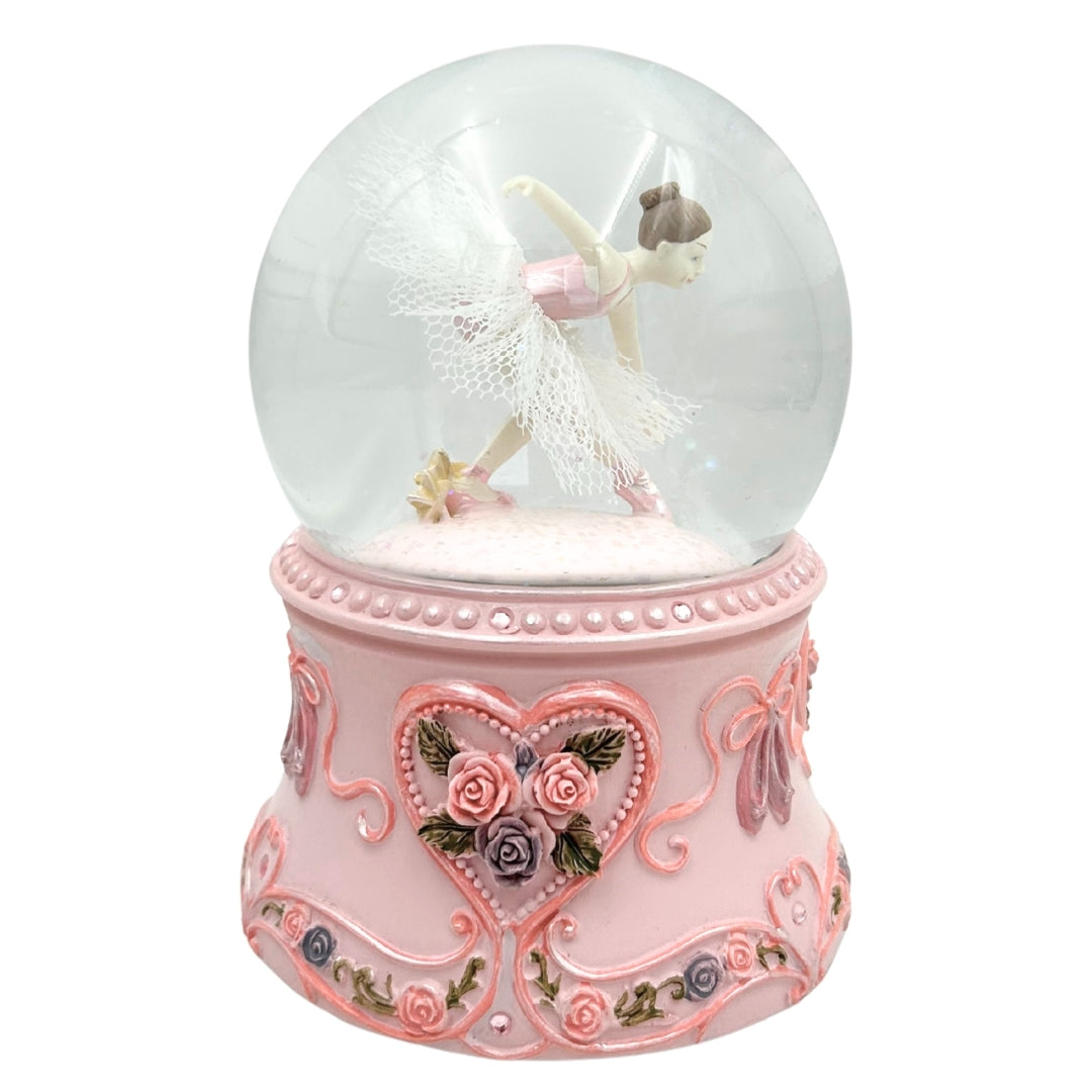 Balerină dansatoare în glob de sticlă 15cm cu gravură personalizată - cutie muzicală elegantă cu bază pastelată și melodia Lacul Lebedelor