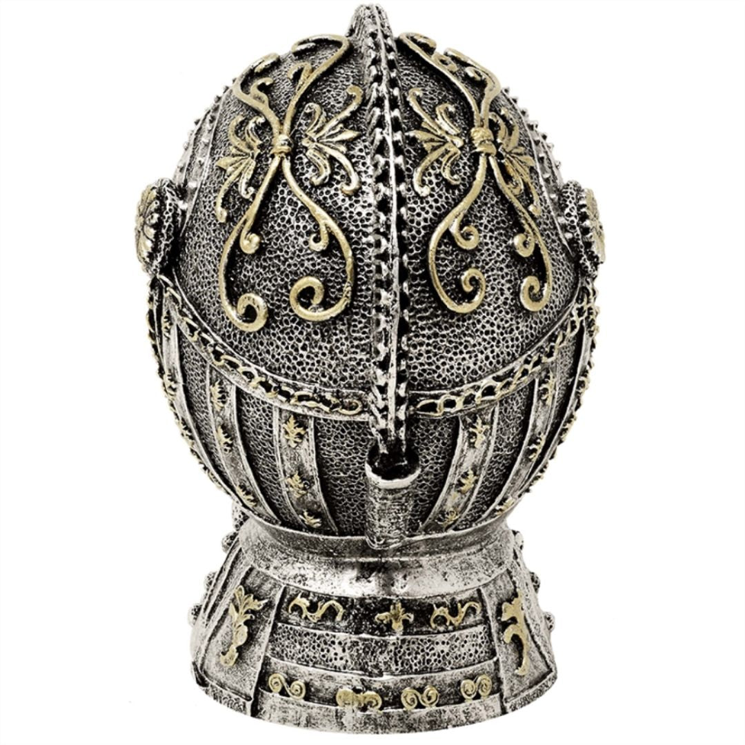 Pușculiță decorativă cască de cavaler, cu gravură - argint antichizat, 13 cm