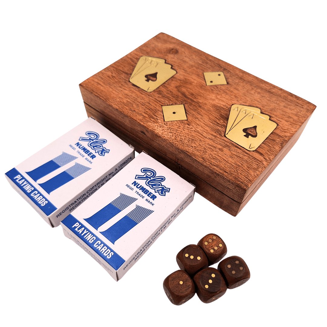 Set elegant de jocuri de cărți și zaruri în cutie de lemn cu ornamente din alamă