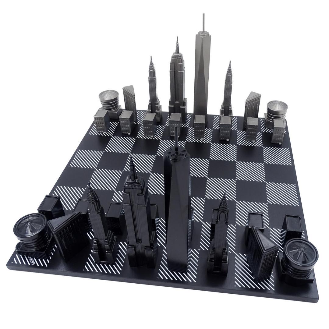Șah Skyline New York cu gravură, din oțel inoxidabil