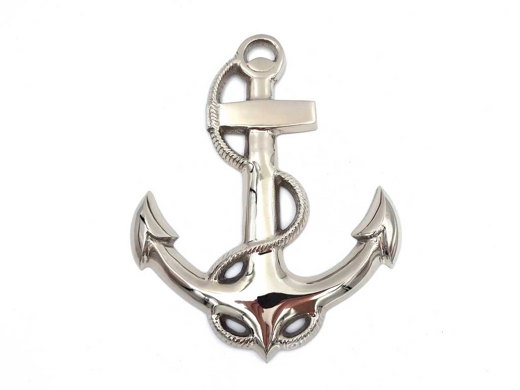 Ancoră de perete 34 cm, cu posibilitate de personalizare prin gravură, decorațiune metalică argintie în stil nautic