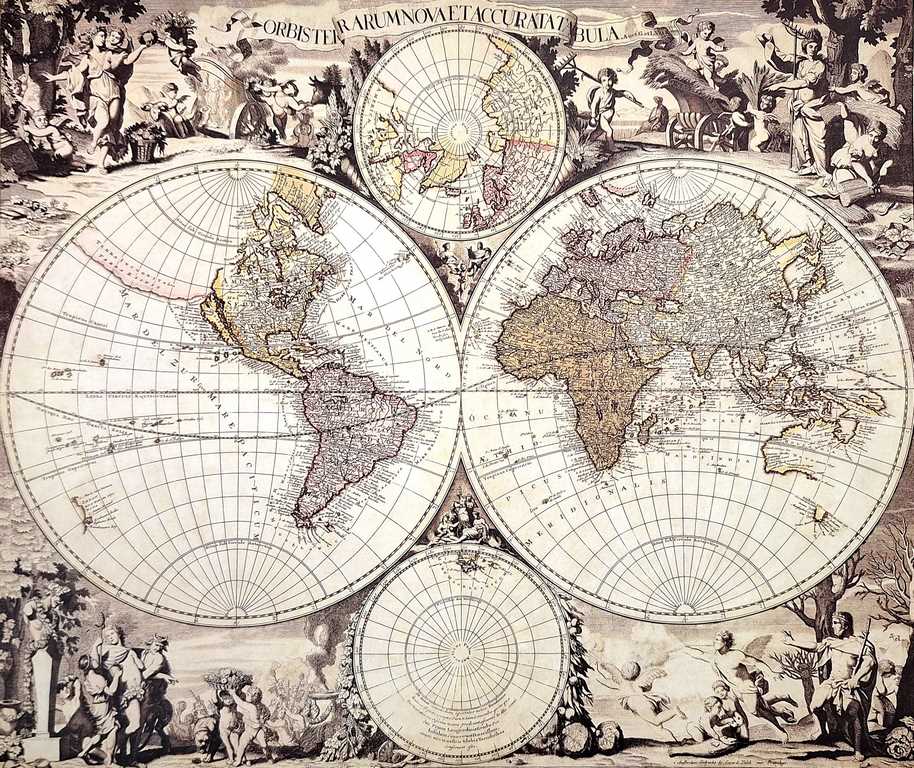 Harta lumii 1686r. - reprint G. Valck cu posibilitate de personalizare prin gravură - cadou ideal pentru istorici și călători - dimensiuni 56,5 x 47,5 cm
