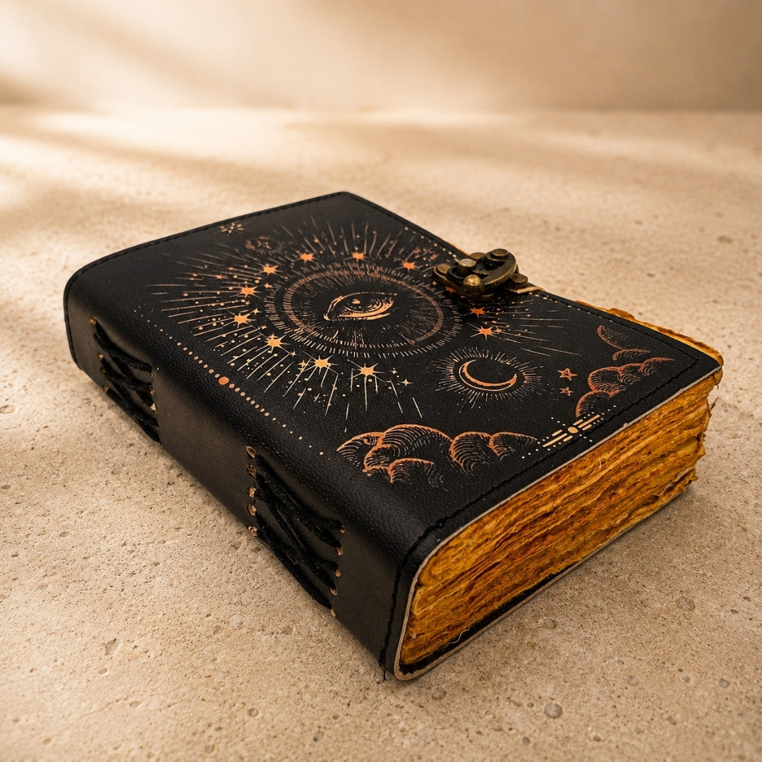 Jurnal Ochiul Cosmic cu gravură - jurnal retro din piele, cu 200 de pagini de hârtie galbenă și piele de capră