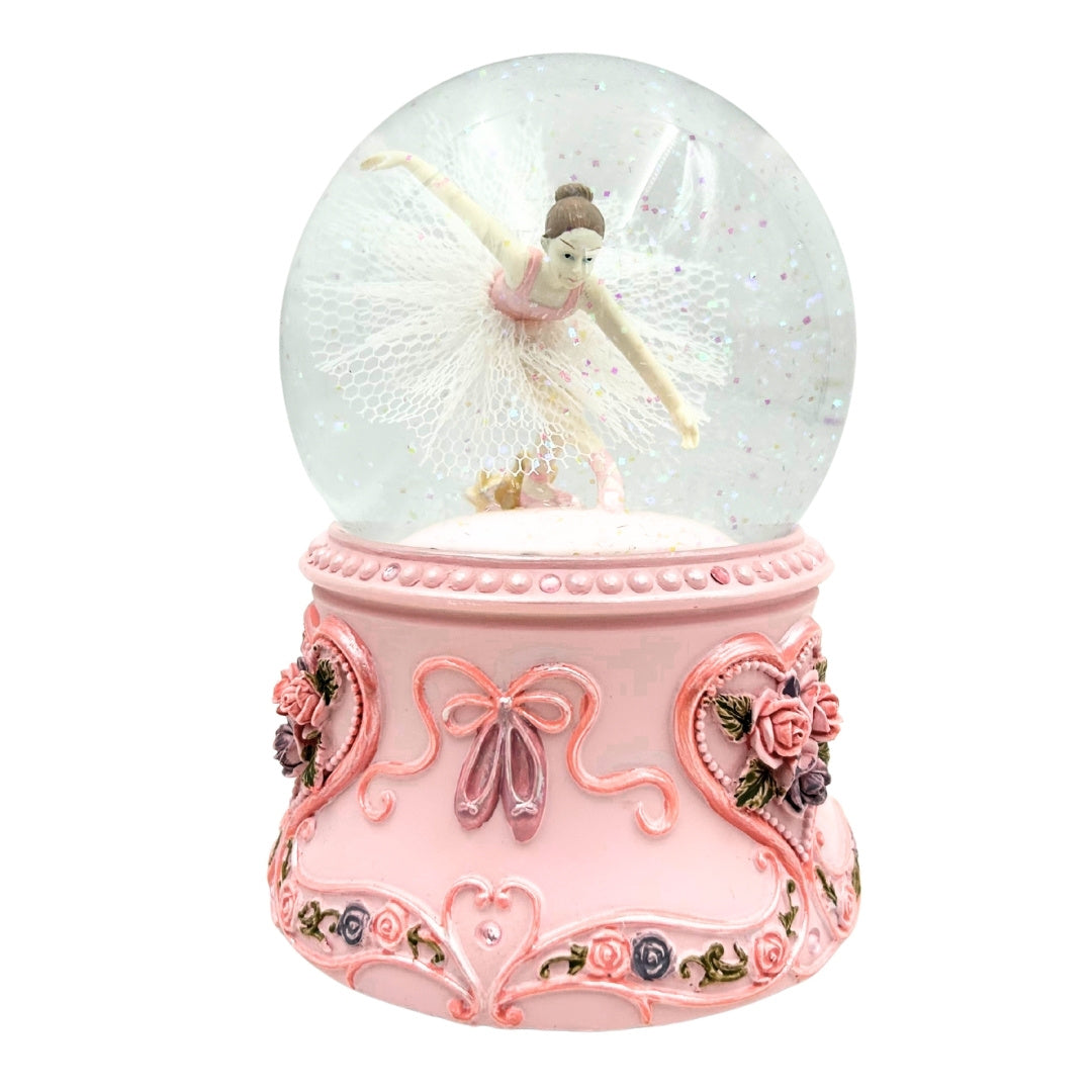 Balerină dansatoare în glob de sticlă 15cm cu gravură personalizată - cutie muzicală elegantă cu bază pastelată și melodia Lacul Lebedelor