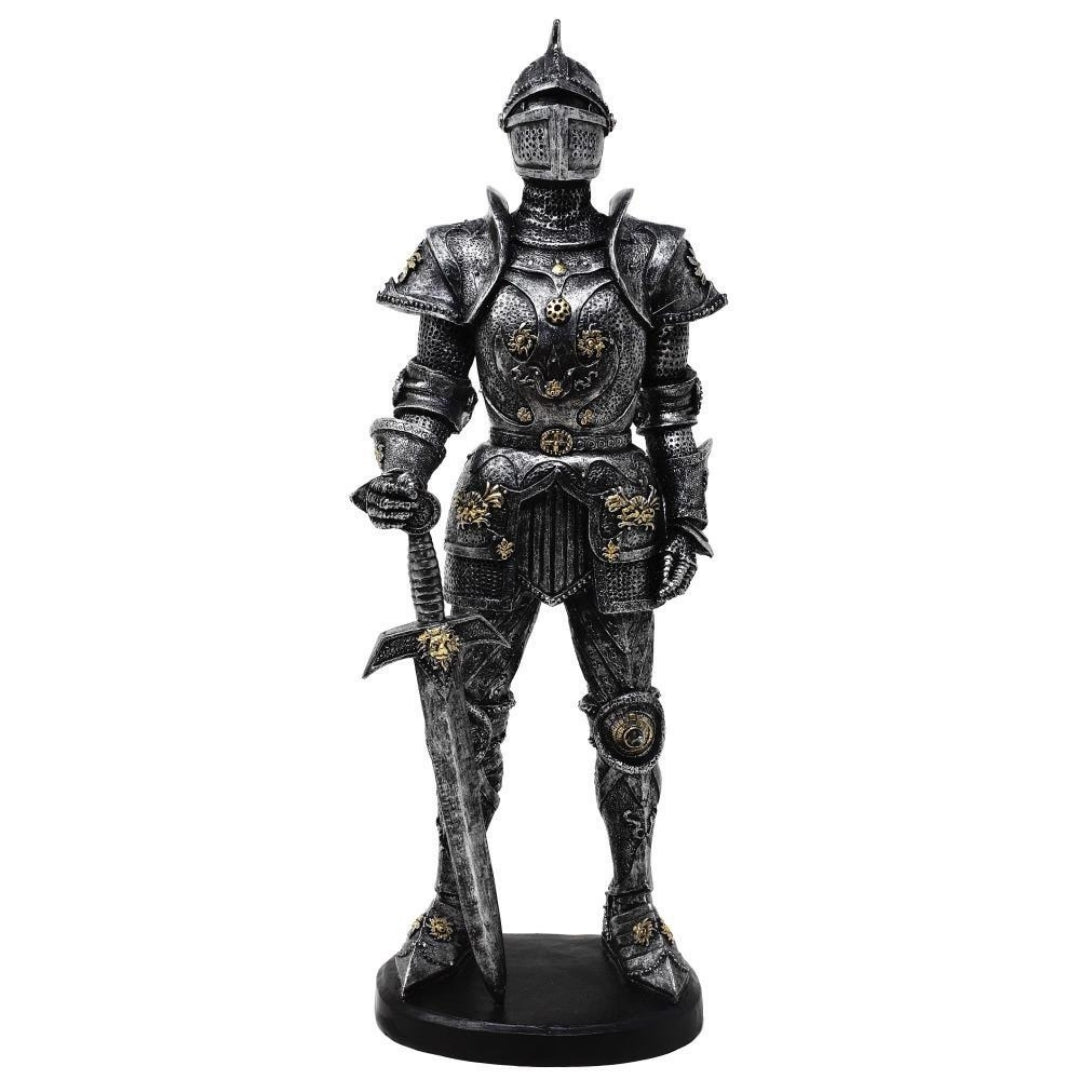 Figurină decorativă cavaler în armură 39cm argintie, cu posibilitate de personalizare prin gravură