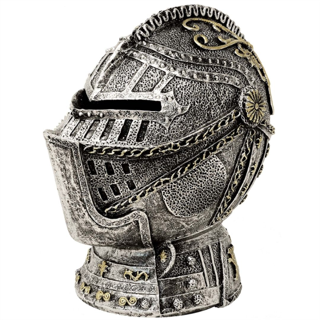 Pușculiță decorativă cască de cavaler, cu gravură - argint antichizat, 13 cm