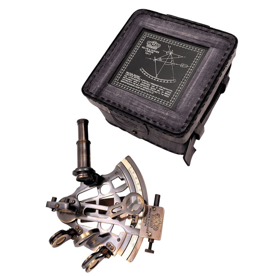 Sextant din alamă cu gravură personalizată în cutie din piele