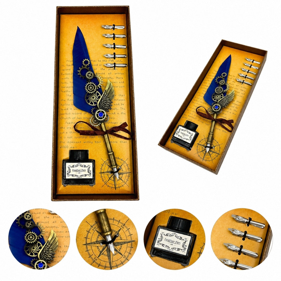 Set de caligrafie retro cu pană de gâscă albastră, 6 penițe, cerneală, personalizare prin gravură, cadou elegant în stil vintage