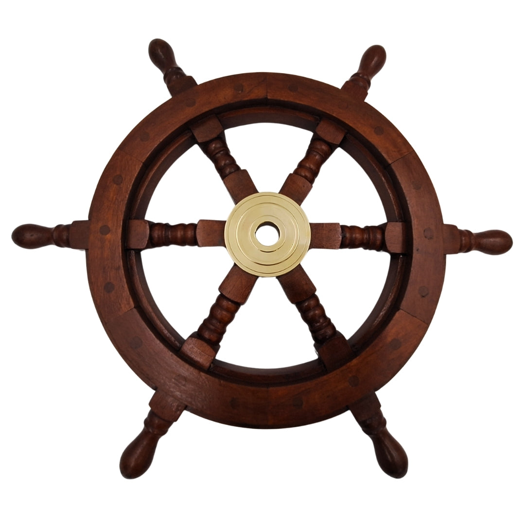 Roată de cârmă din lemn 45 cm cu centru din alamă - gravură personalizată - decorațiune marinărească retro pentru cadou pentru un navigator sau un iubitor al mării