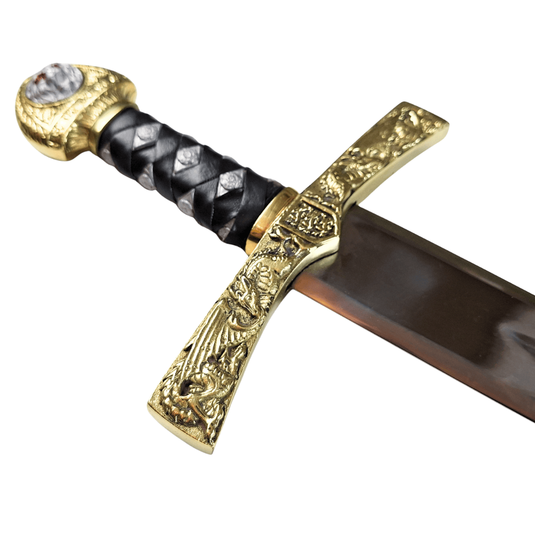Replică a sabiei Excalibur a regelui Arthur cu gravură – 98,5 cm, lamă din oțel, mâner din alamă