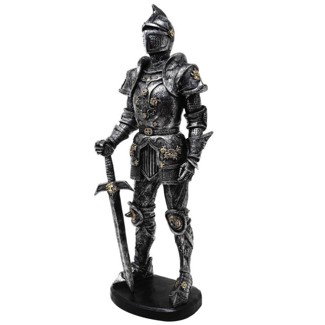 Figurină decorativă cavaler în armură 39cm argintie, cu posibilitate de personalizare prin gravură