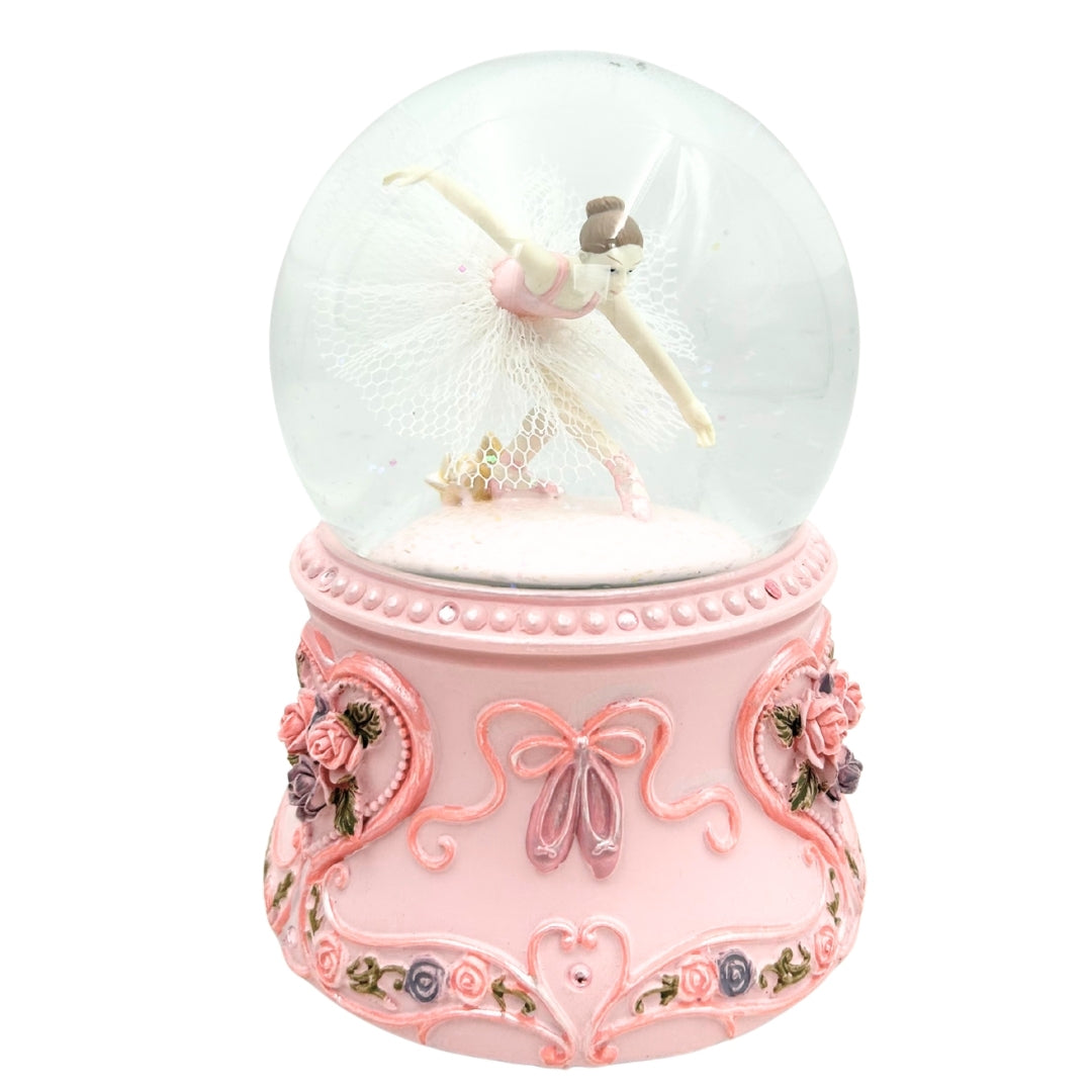 Balerină dansatoare în glob de sticlă 15cm cu gravură personalizată - cutie muzicală elegantă cu bază pastelată și melodia Lacul Lebedelor