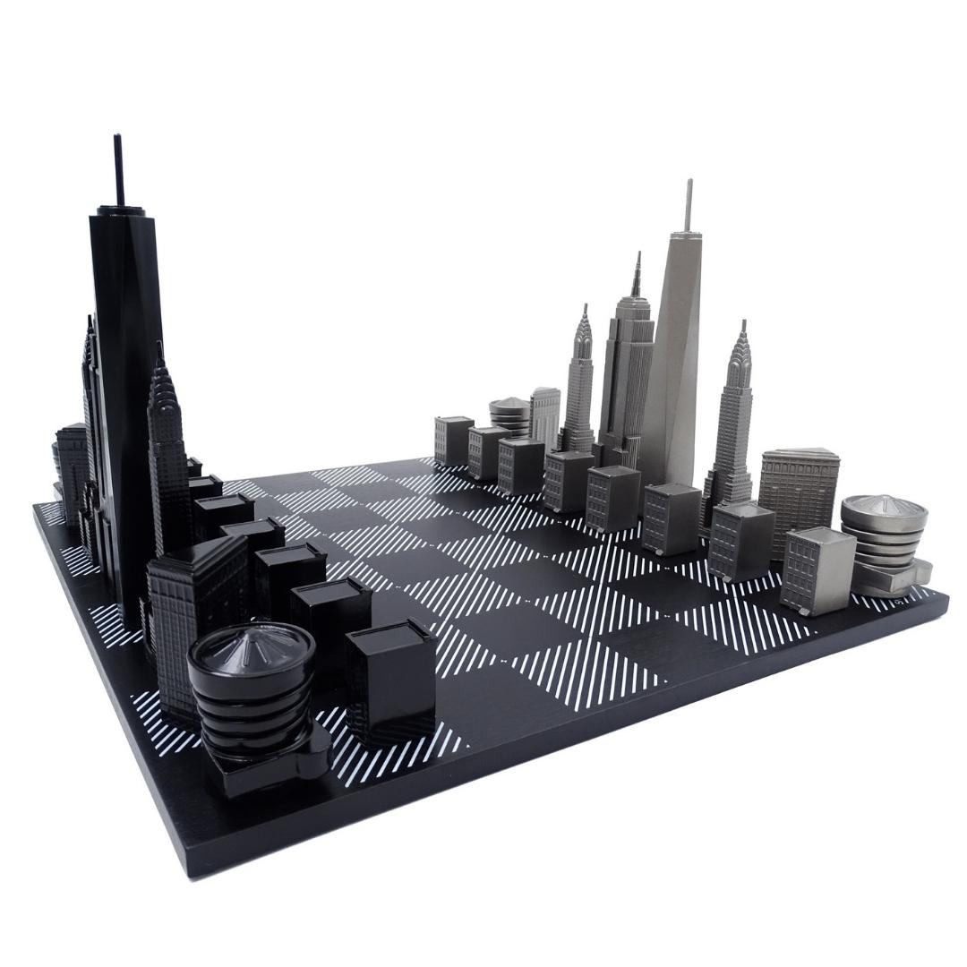 Șah Skyline New York cu gravură, din oțel inoxidabil