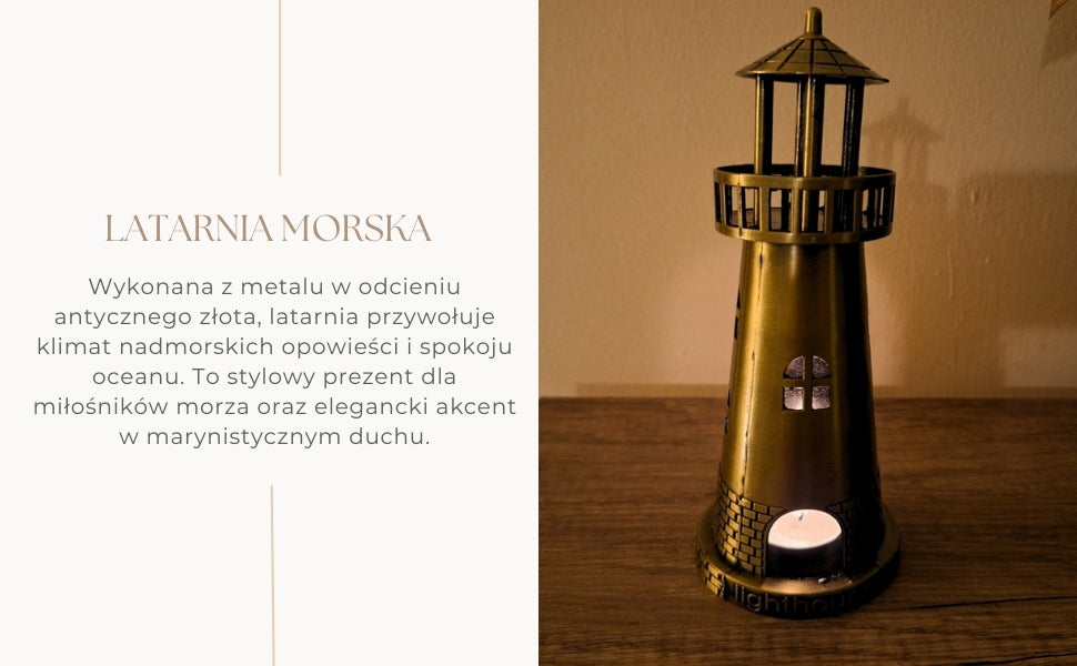 Far maritim suport pentru lumânare tealight 18,5 cm, în auriu antic, cu opțiune de gravare