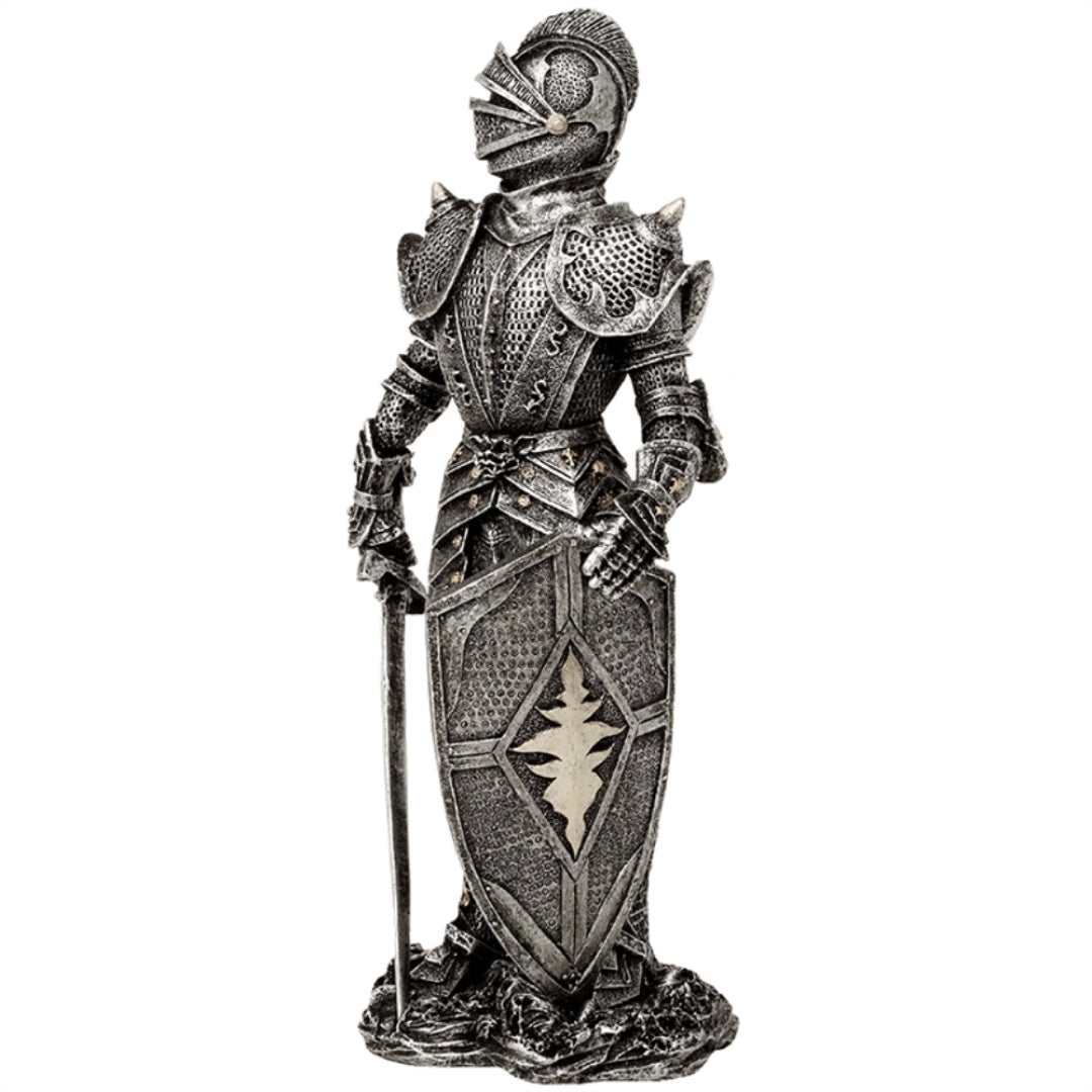 Figurină decorativă cavaler în armură argintie 30 cm, cu posibilitate de personalizare prin gravură - cadou elegant pentru iubitorii de istorie și fantasy, pictată manual, din polirășină