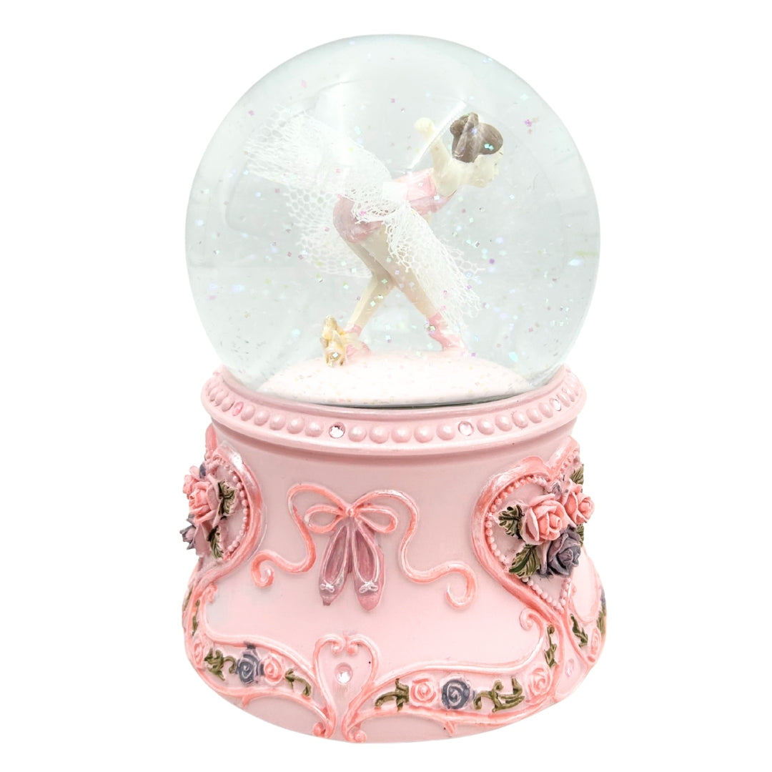 Balerină dansatoare în glob de sticlă 15cm cu gravură personalizată - cutie muzicală elegantă cu bază pastelată și melodia Lacul Lebedelor