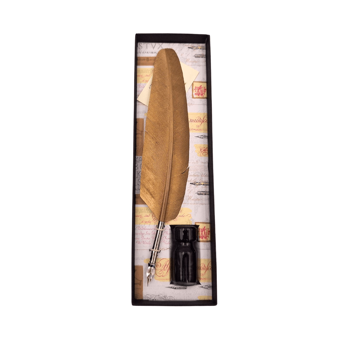 Set de caligrafie - pană de gâscă aurie cu peniță + tuș – 7262