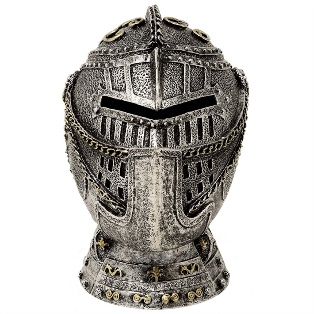 Pușculiță decorativă cască de cavaler, cu gravură - argint antichizat, 13 cm