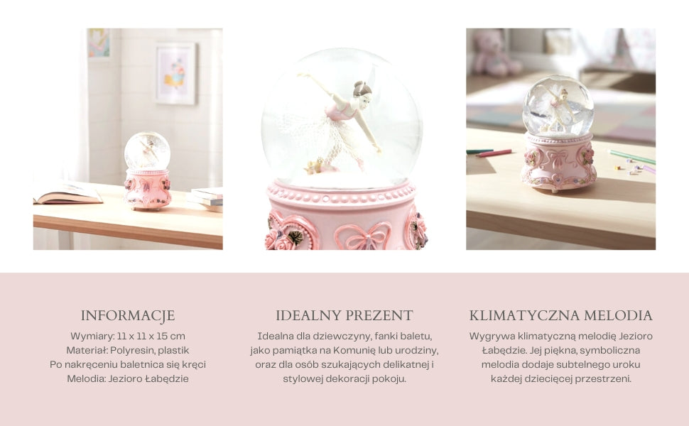 Balerină dansatoare în glob de sticlă 15cm cu gravură personalizată - cutie muzicală elegantă cu bază pastelată și melodia Lacul Lebedelor