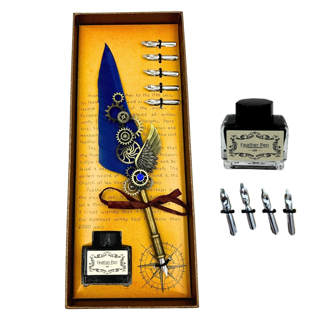 Set de caligrafie retro cu pană de gâscă albastră, 6 penițe, cerneală, personalizare prin gravură, cadou elegant în stil vintage