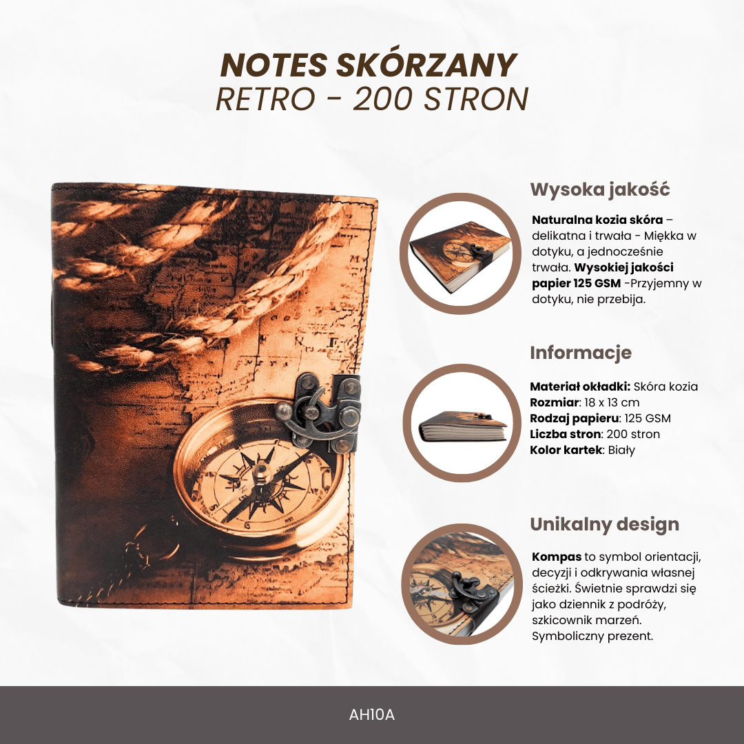 Carnețel din piele Busolă retro vintage, 200 de pagini, cu posibilitate de personalizare prin gravură