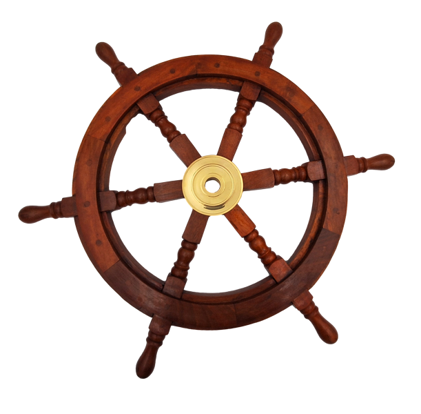 Roată de cârmă din lemn cu inserție din alamă - Diametru 60 cm - Decorațiune marinărească retro pentru cadou pentru un marinar