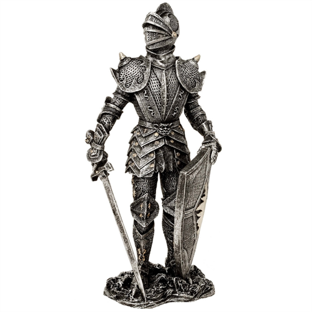 Figurină decorativă cavaler în armură argintie 30 cm, cu posibilitate de personalizare prin gravură - cadou elegant pentru iubitorii de istorie și fantasy, pictată manual, din polirășină
