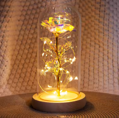 Lampă de veghe LED Trandafir, cu posibilitate de personalizare prin gravură, cadou romantic, înălțime 21,5 cm, lumină delicată, decorațiune ideală pentru dormitor