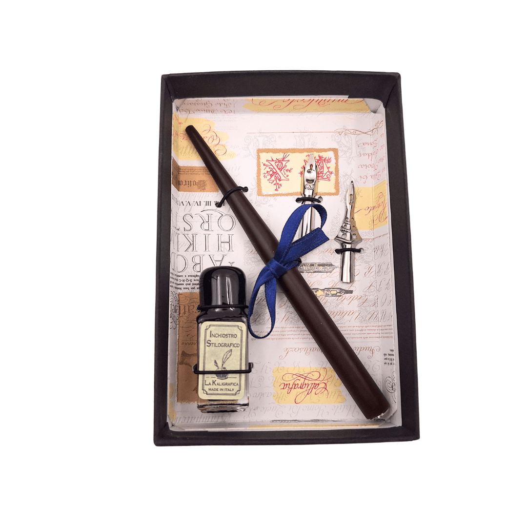 Set de caligrafie cu gravură personalizată - stilou italian cu două penițe și călimară, ideal pentru cadou - ambalaj elegant 12.5x8,5x3cm