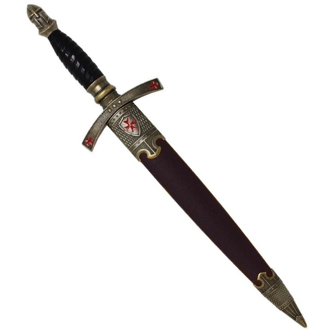 Pumnal templier decorativ în teacă, cu gravură – replică din oțel inoxidabil, 40 cm