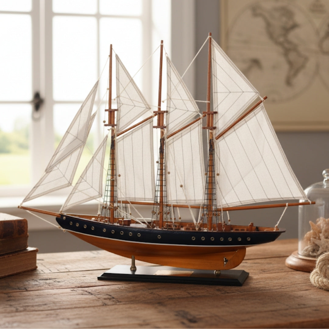Model de goeletă Atlantic 72cm - replică a navei legendare, personalizabilă prin gravură - cadou ideal pentru iubitorii de navigație - realizat din lemn, cu vele din material textil