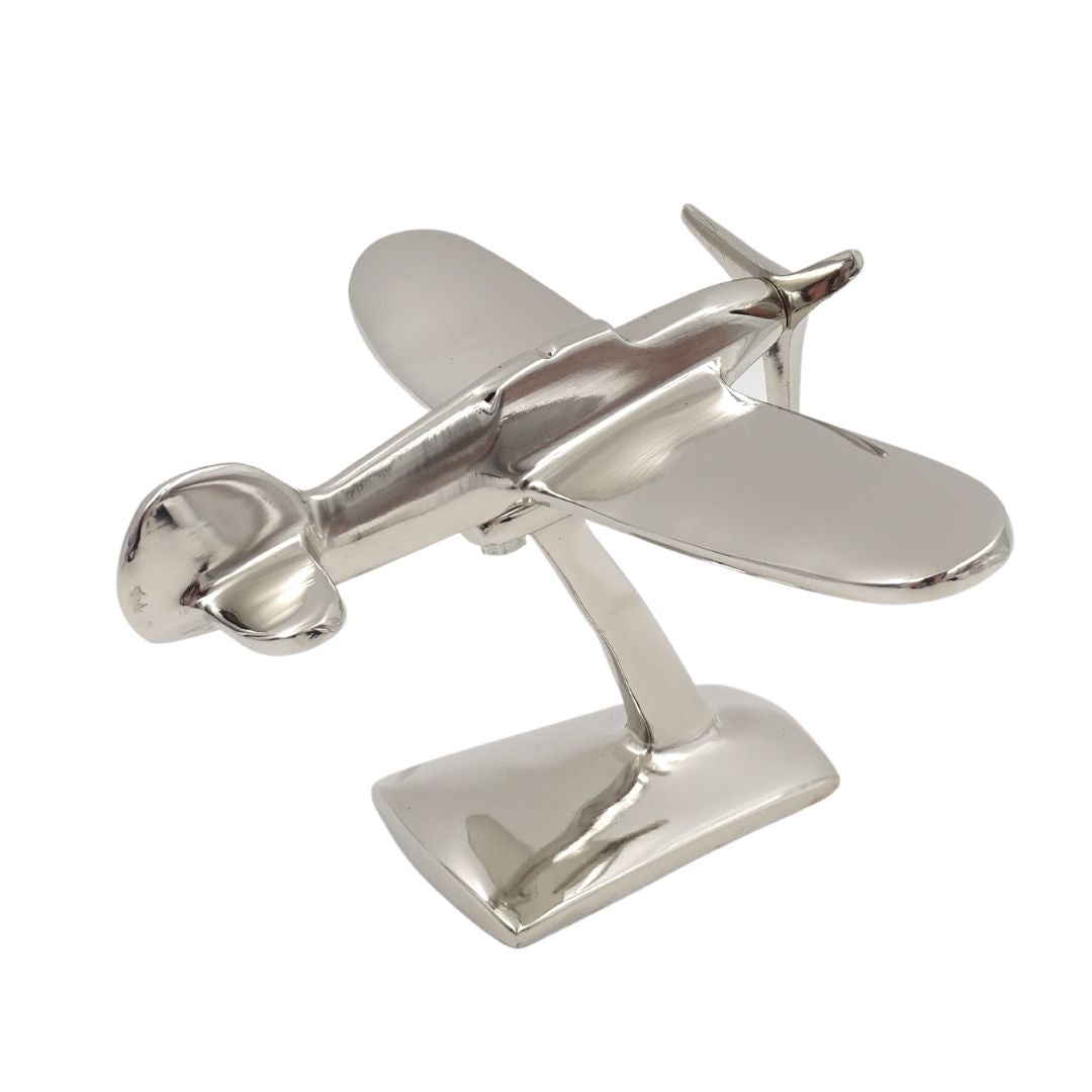 Model de avion monomotor N-0896 din aluminiu de culoare argintie, 17x14x11 cm