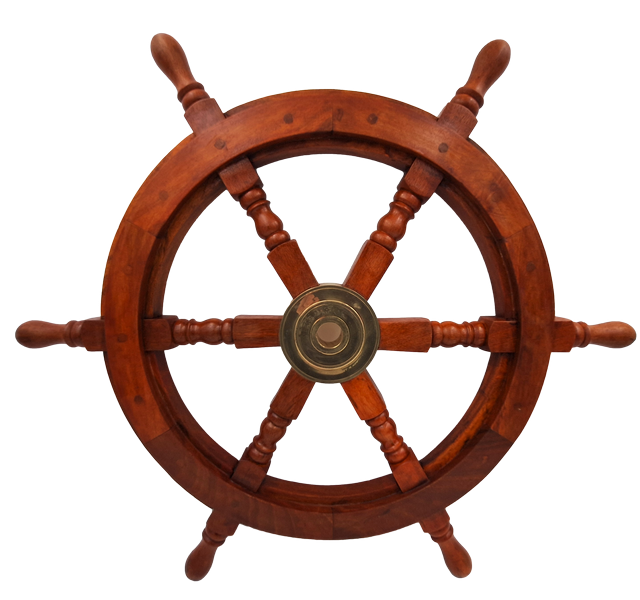 Roată de cârmă din lemn cu inserție din alamă - Diametru 60 cm - Decorațiune marinărească retro pentru cadou pentru un marinar