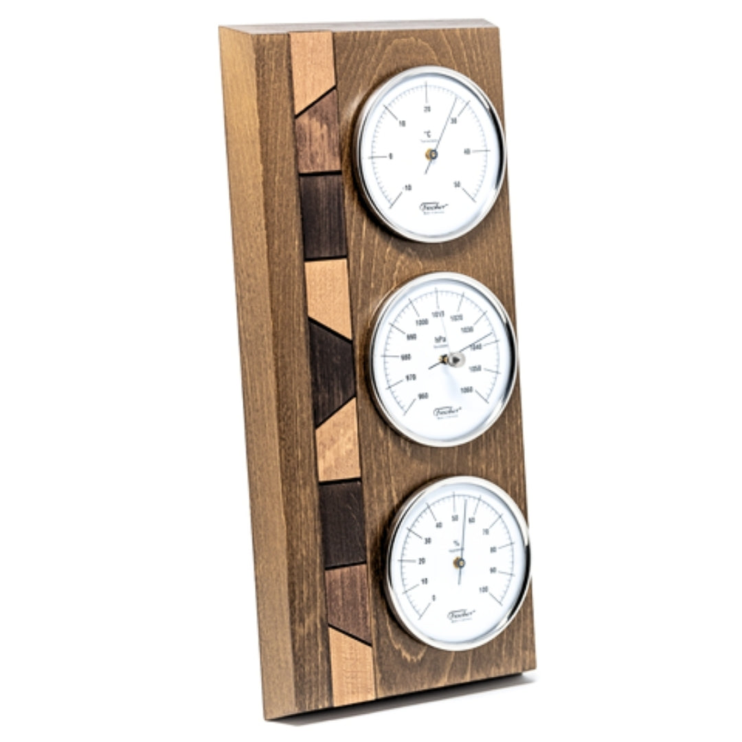 Stație meteo Fischer 9171-31 cu barometru, higrometru și termometru pe bază din lemn, cu opțiune de personalizare prin gravură