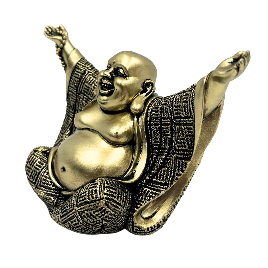 Figurină Buddha vesel aurie, cu posibilitate de personalizare prin gravură - Decorațiune elegantă pentru cadou, cu înălțimea de 17,1 cm, din polirășină, simbolizând bogăția și fericirea