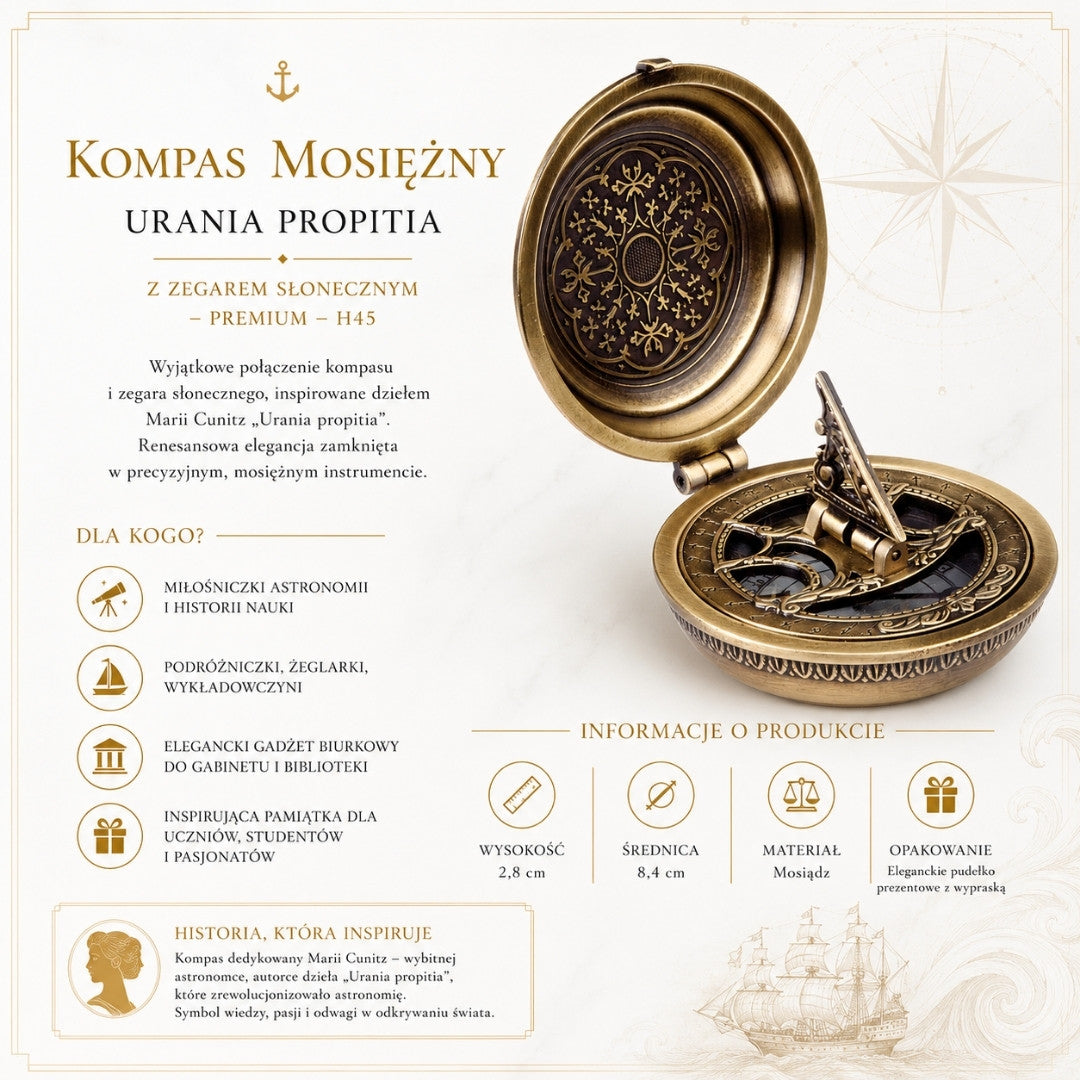 Kompas Mosiężny Urania Propitia z Zegarem Słonecznym