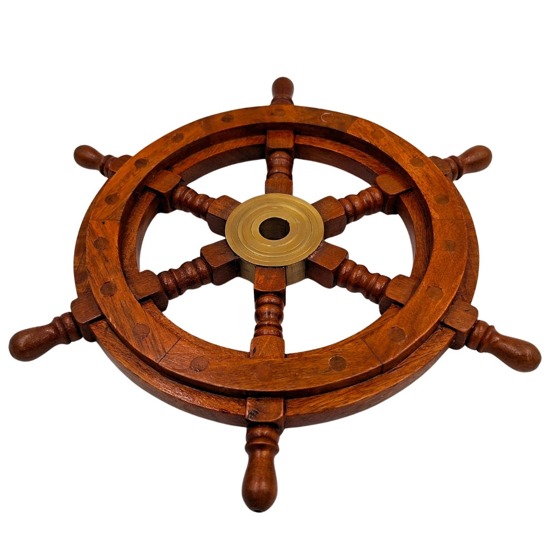 Timona din lemn cu inserție din alamă și spațiu pentru pană - diametru 30 cm - cadou ideal cu posibilitate de personalizare prin gravură - stil marinăresc și retro