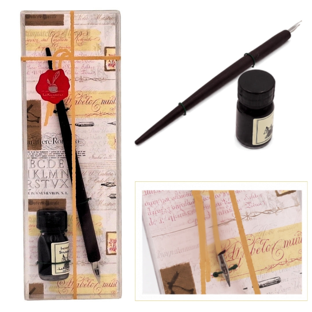 Set elegant pentru caligrafie, cu stilou din lemn și cerneală neagră, posibilitate de personalizare prin gravură, ideal ca dar pentru iubitorii artei scrisului, în ambalaj decorativ 7,5 x 22 x 3 cm