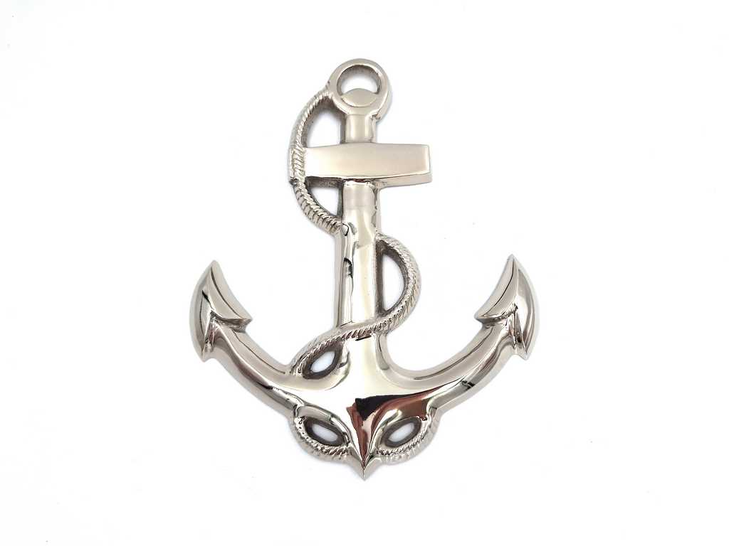 Ancoră de perete 34 cm, cu posibilitate de personalizare prin gravură, decorațiune metalică argintie în stil nautic