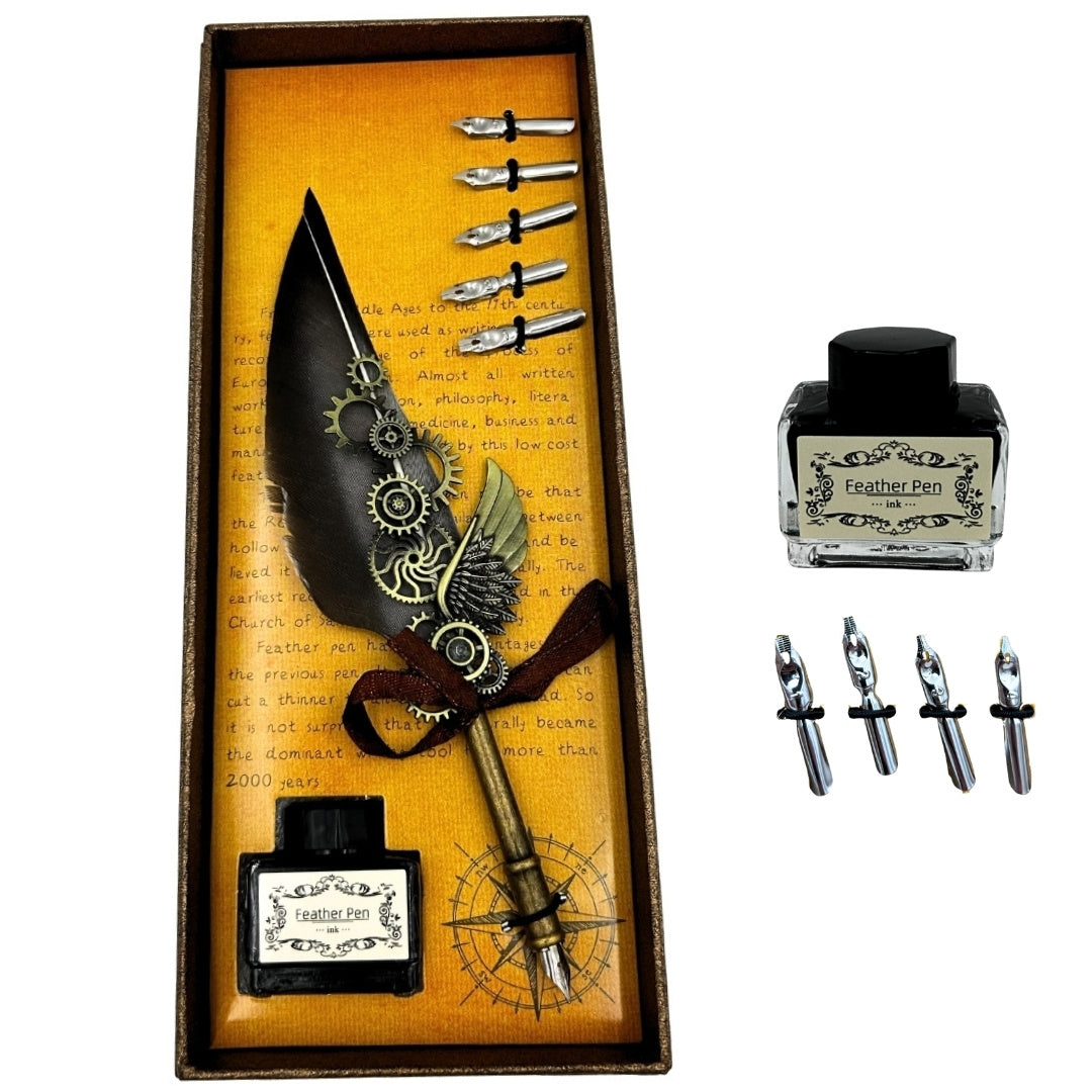 Set elegant de caligrafie retro cu pană de gâscă gri, 6 penițe, cerneală 15ml și opțiune de personalizare prin gravură
