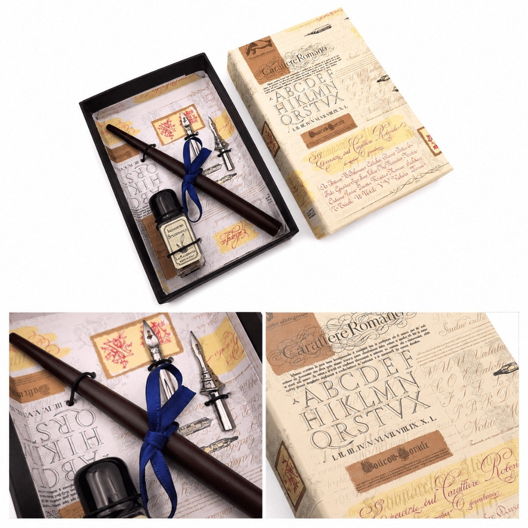 Set de caligrafie cu gravură personalizată - stilou italian cu două penițe și călimară, ideal pentru cadou - ambalaj elegant 12.5x8,5x3cm