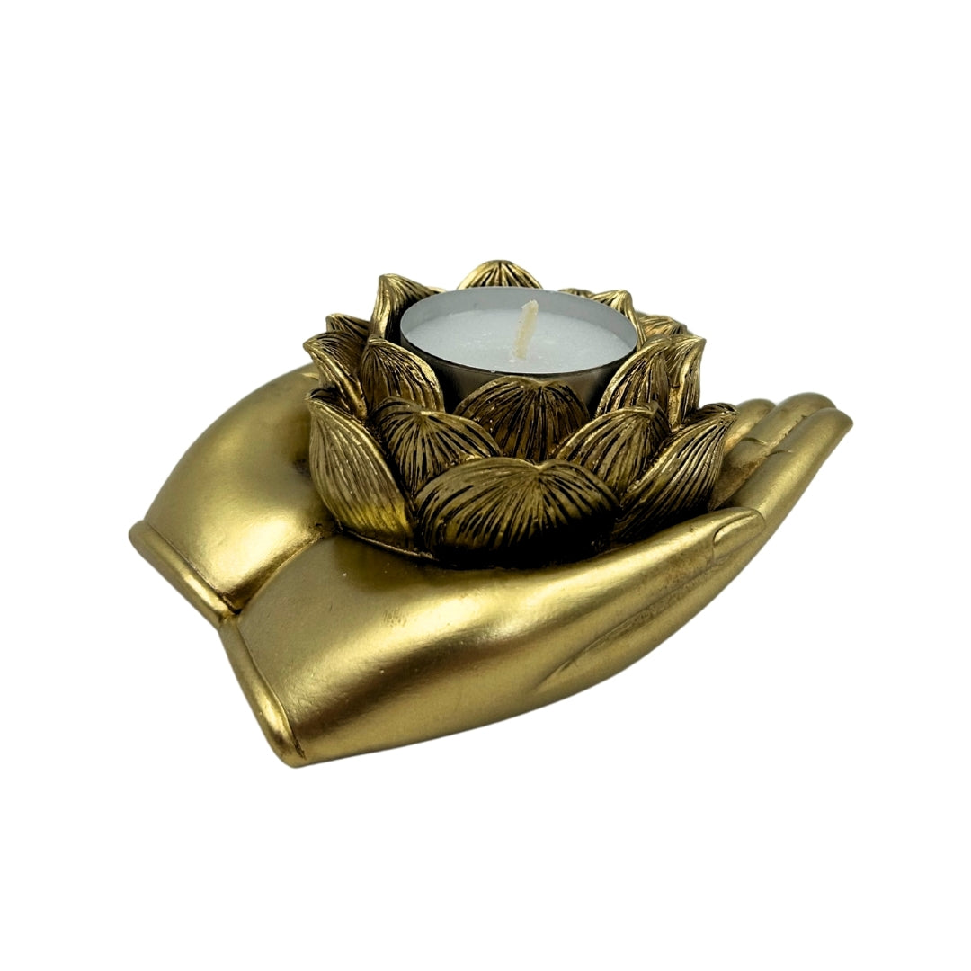 Sfeșnic auriu glamour pentru lumânare tip tealight, cu posibilitate de personalizare prin gravură – Element decorativ elegant pentru interior, cu dimensiunile 11,5 x 9,4 x 4,8 cm, din polirășină