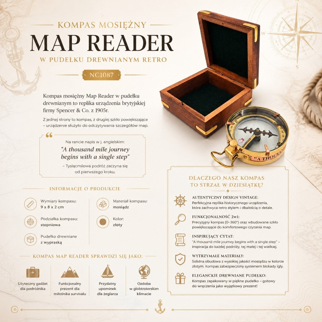 Busolă din alamă Map Reader cu gravură, în cutie din lemn, retro