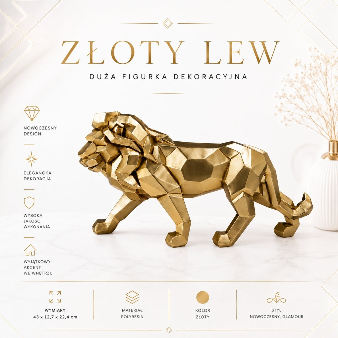 Figurină mare Leu auriu, 43cm, cu posibilitate de personalizare prin gravură - ornament elegant pentru cadou, polirășină de înaltă calitate, stil glamour modern