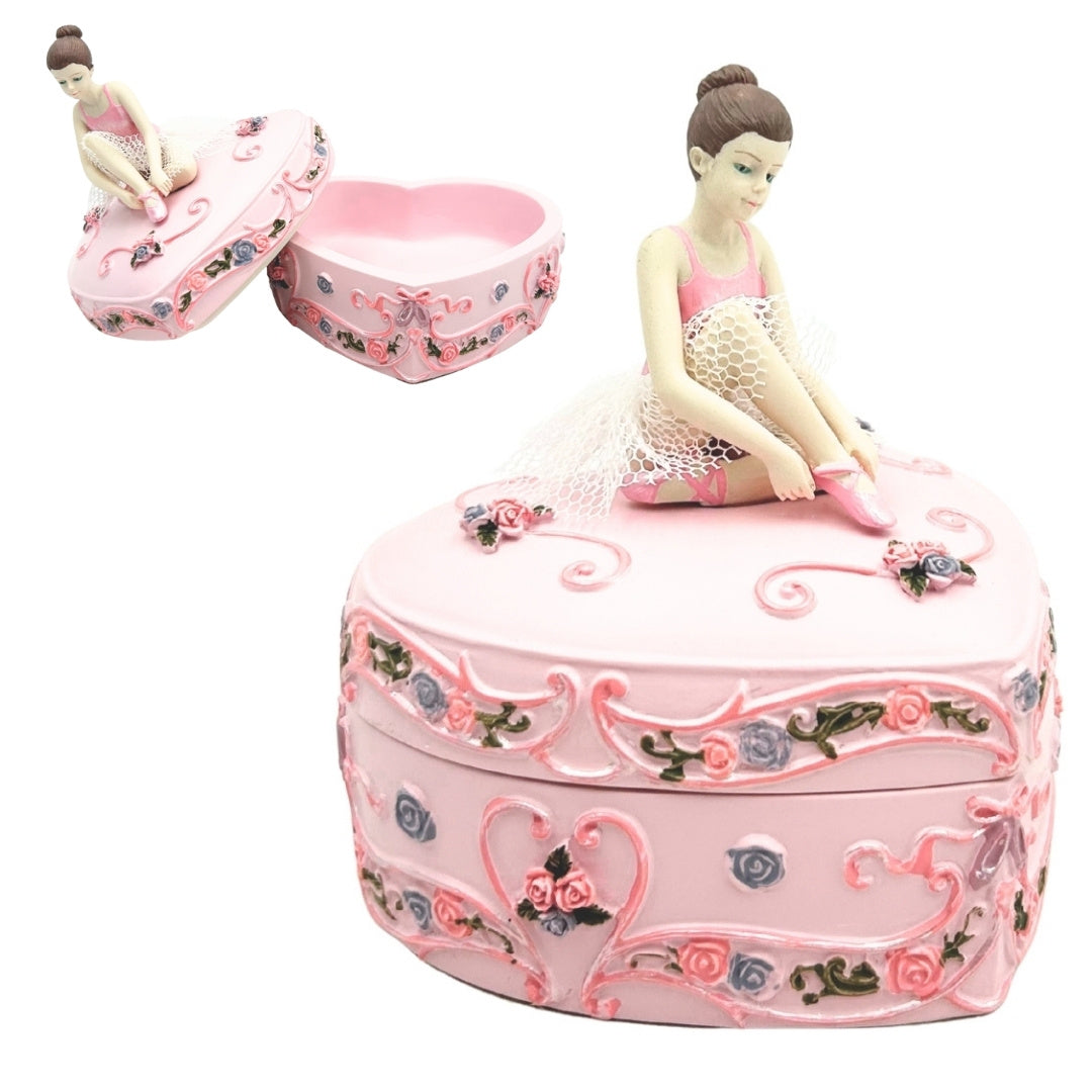 Cutie muzicală mică inimă cu balerină Lacul Lebedelor, cu posibilitate de personalizare prin gravură, roz, 12,5 cm, cadou ideal pentru zi de naștere sau aniversare