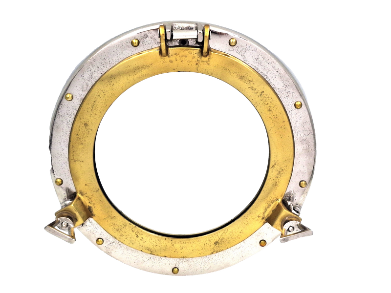 Oglindă hublou cu diametrul de 28 cm, cu ramă metalică de culoare argintie sau aurie, cu posibilitate de personalizare prin gravură