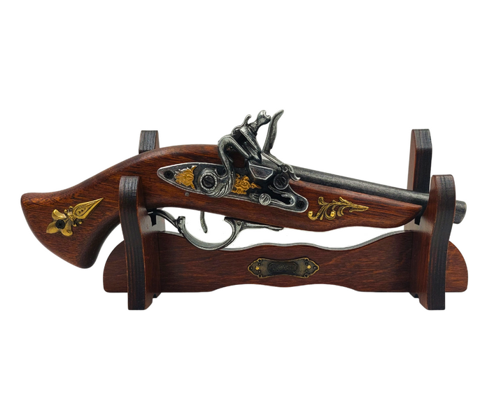 Replică de pistol italian din secolul al XVII-lea pe suport, cu posibilitate de personalizare prin gravură - Element decorativ elegant pentru cadou, realizat din lemn și metal lustruit, lungime 30 cm