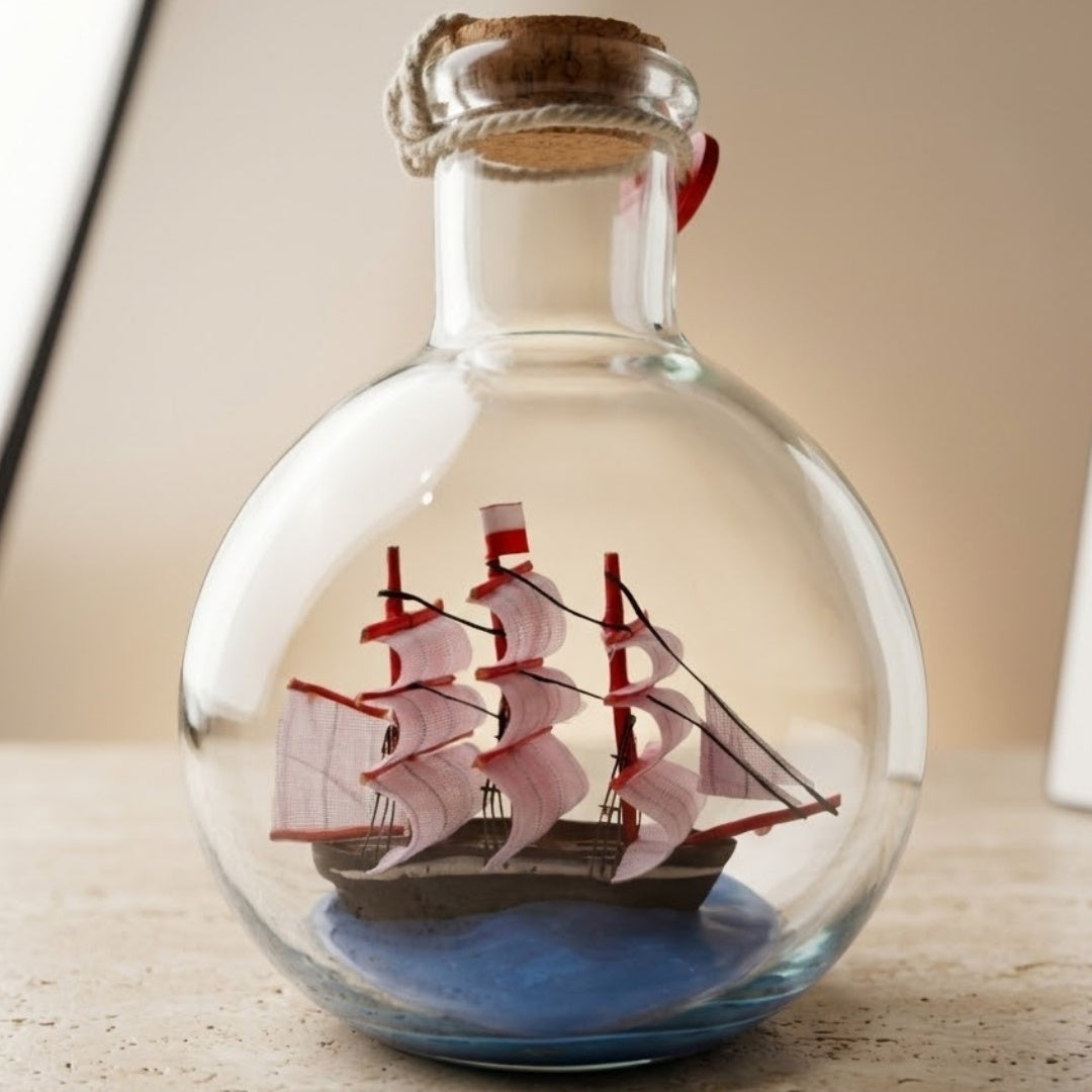 Navă în sticlă Rafandynka cu posibilitate de personalizare prin gravură – decorațiune marină clasică de 8,5 cm, cadou pentru pasionații de navigație
