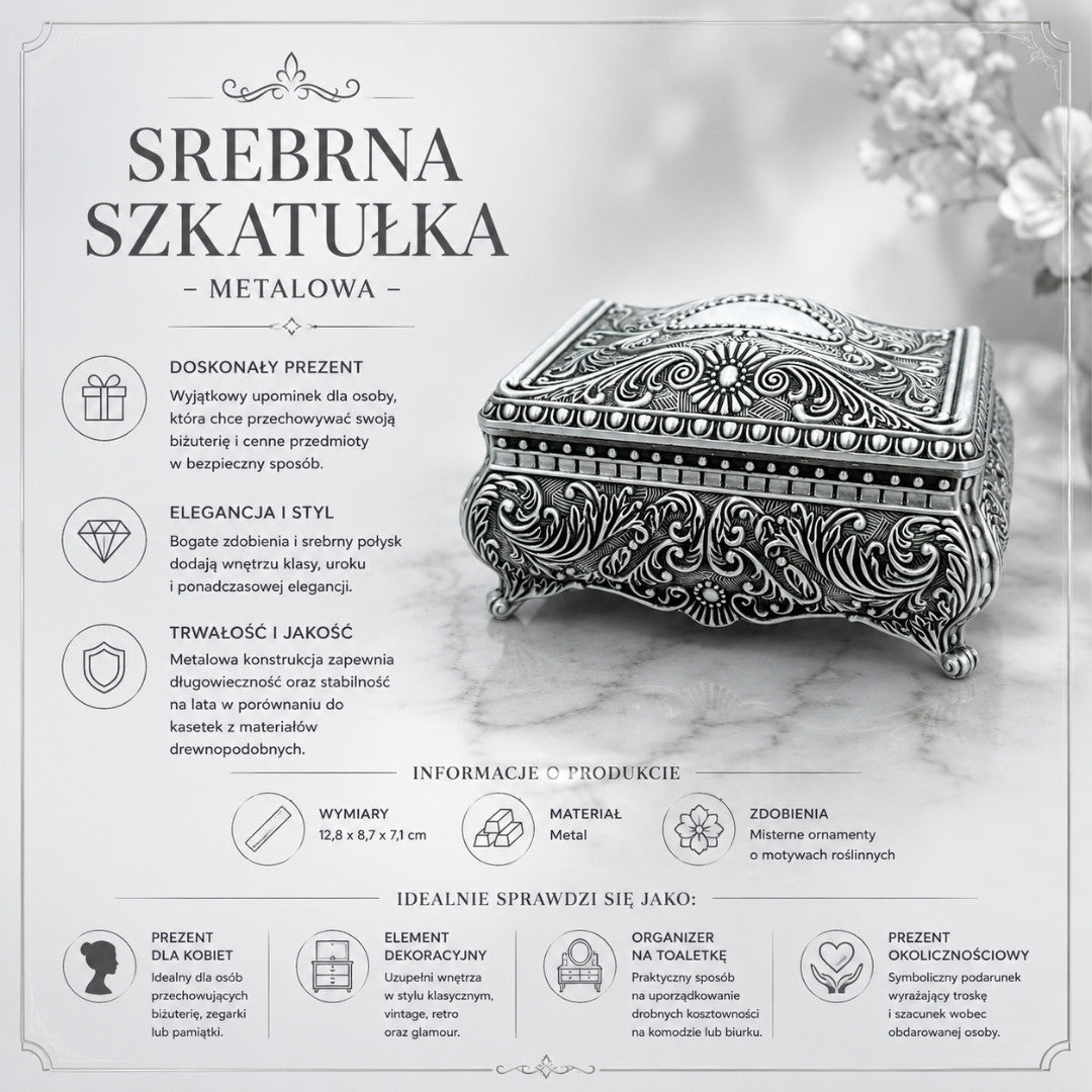 Casetă metalică argintie pentru bijuterii 20-74M cu gravură